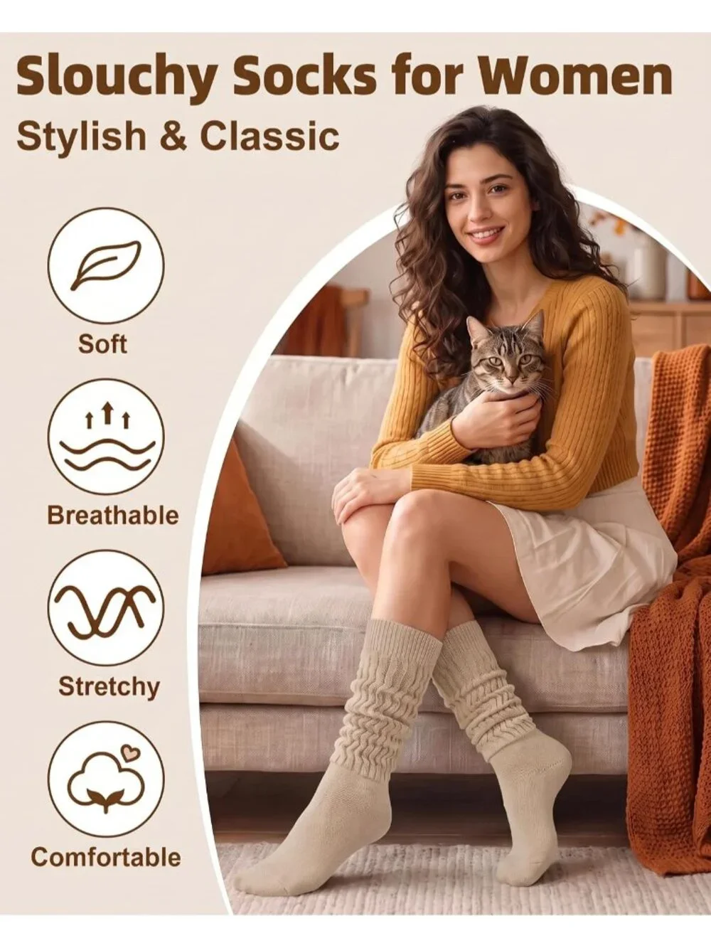 🧦Women's Brown Green 6 Pairs Slouchy Socks Long Knee High Boot Socks